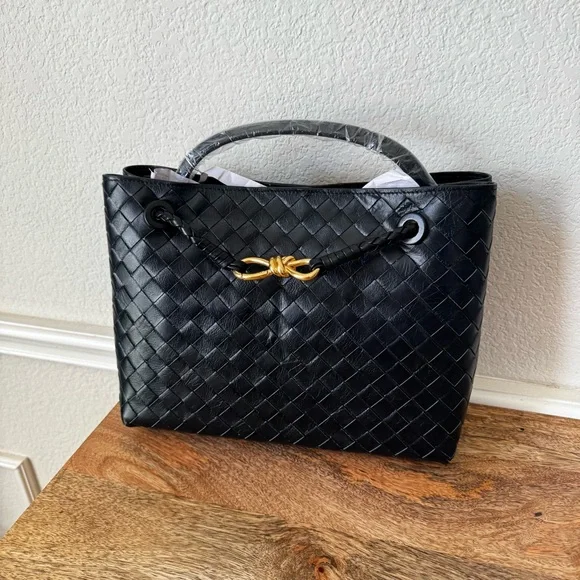 LEATHER INSIDE & OUTBlack Large Intrecciato Woven Braided Tote Structured Bag